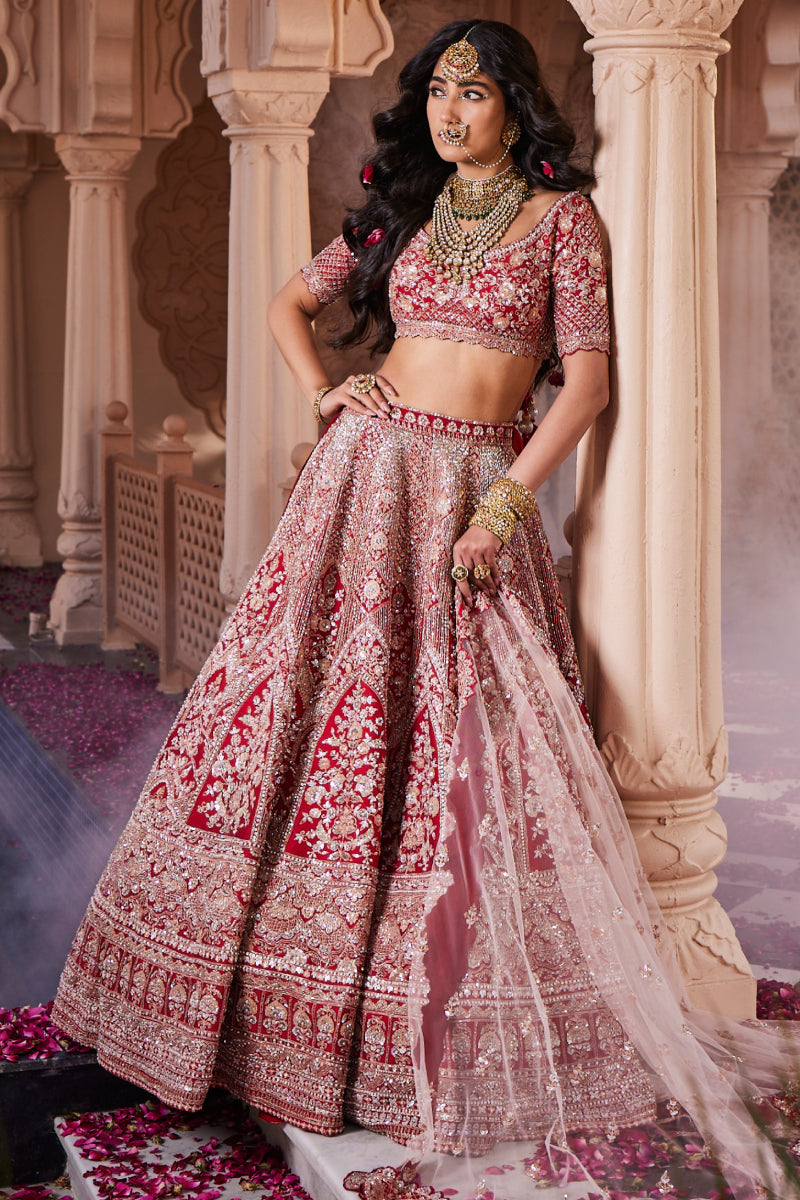 Red Heavily Embroidered Lehenga