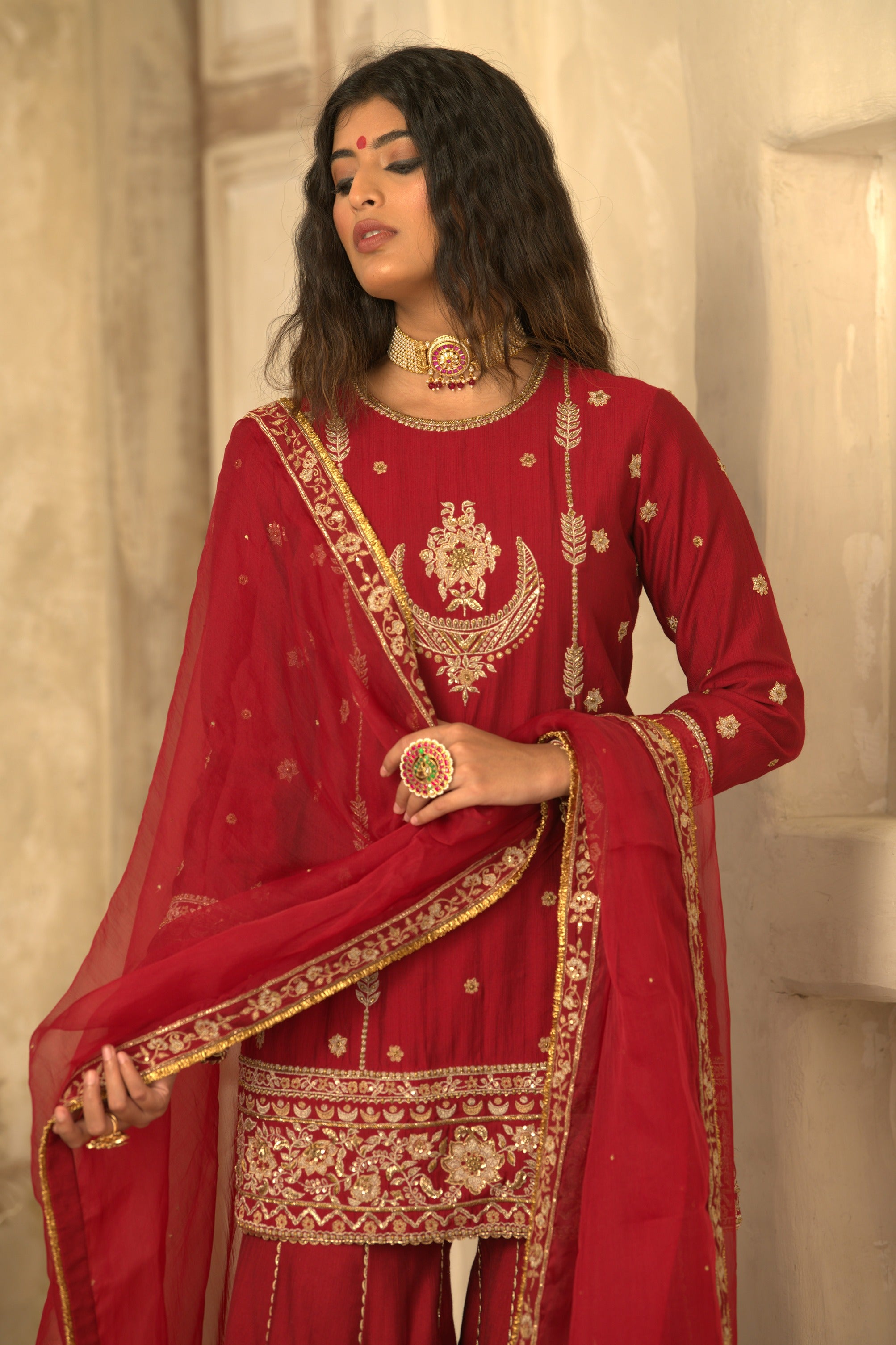 RED MUGHAL CHAND GARARA SET