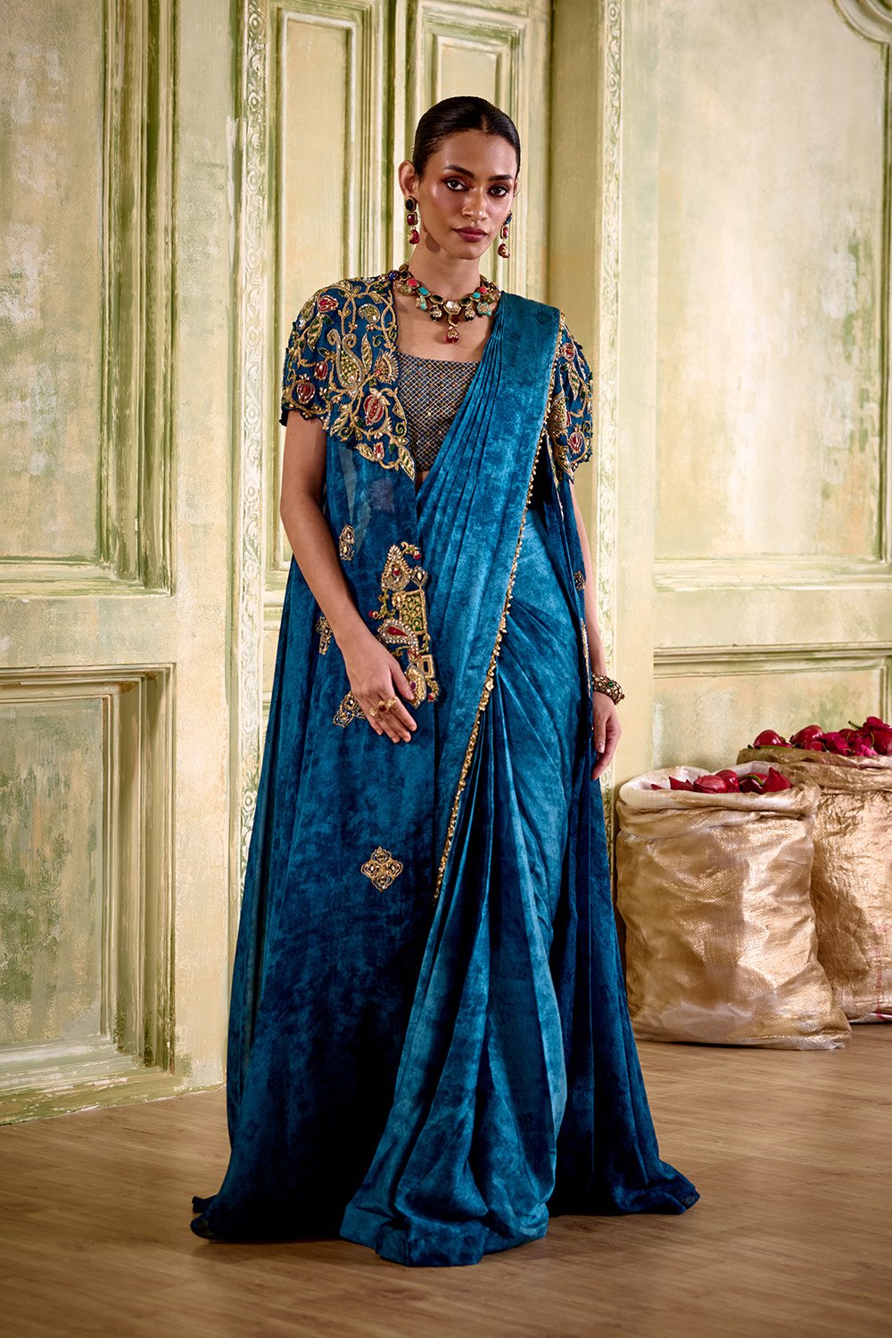 Raas Embroidered Blue Pre-Draped Saree with Cape
