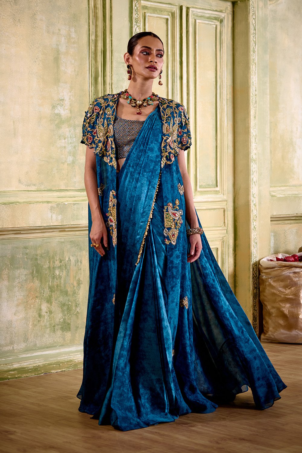 Raas Embroidered Blue Pre-Draped Saree with Cape