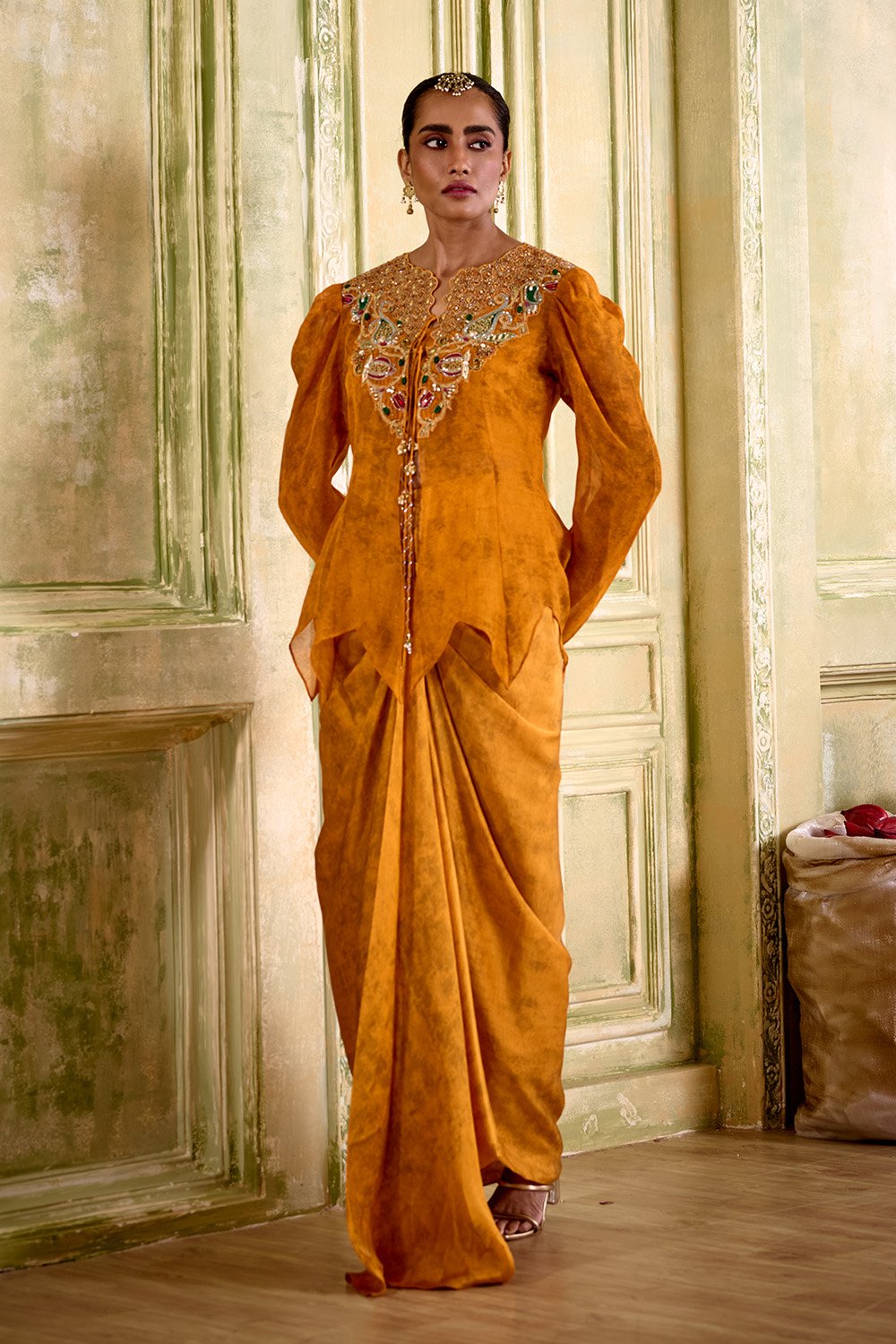 Roshni Embroidered Rust Orange Draped Skirt Set