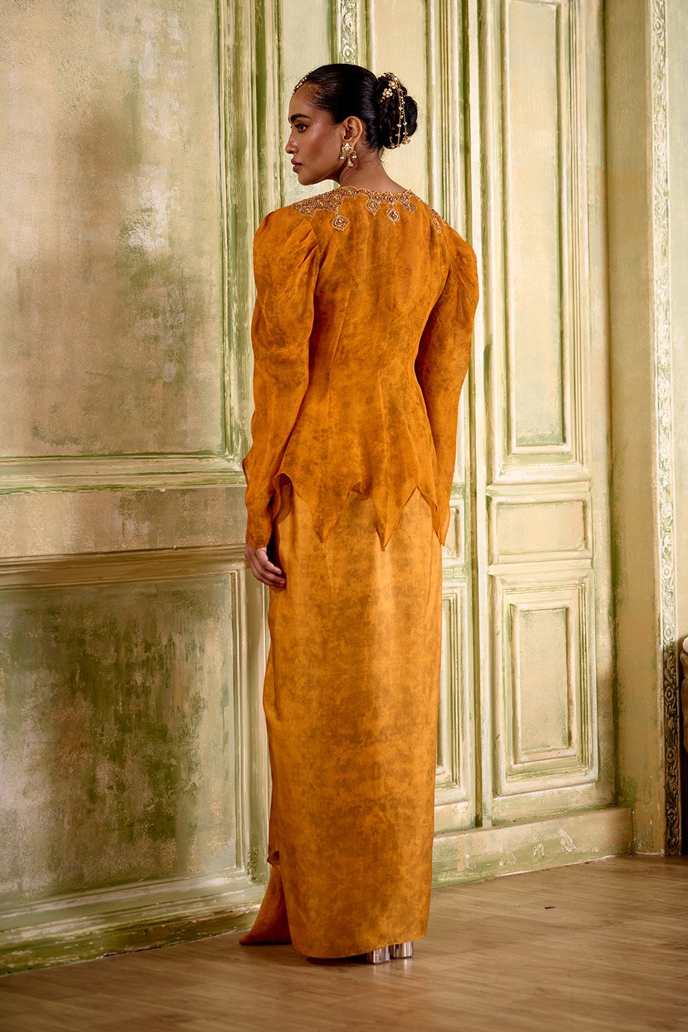 Roshni Embroidered Rust Orange Draped Skirt Set