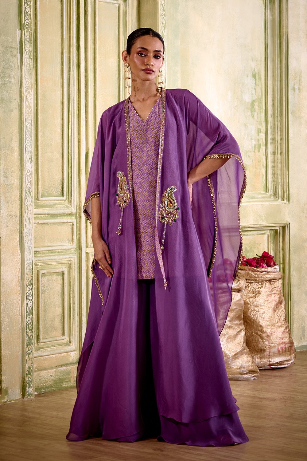 Saanwari Embroidered Lilac Drape Kurta Set