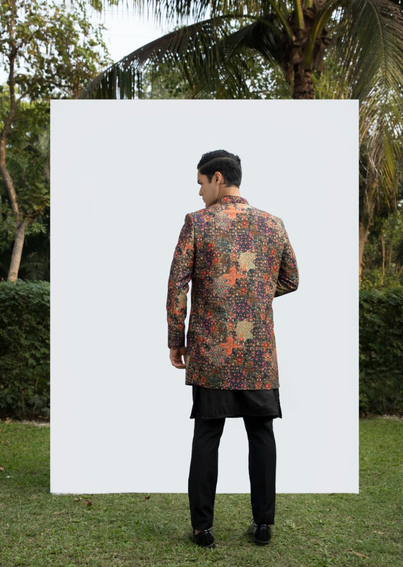 Black Printed Long Open Jacket