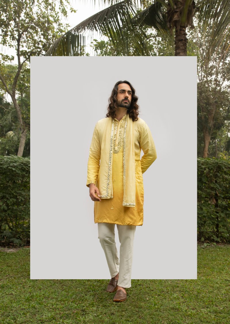 Yellow Ombre Kurta Set With Mirror Dupatta