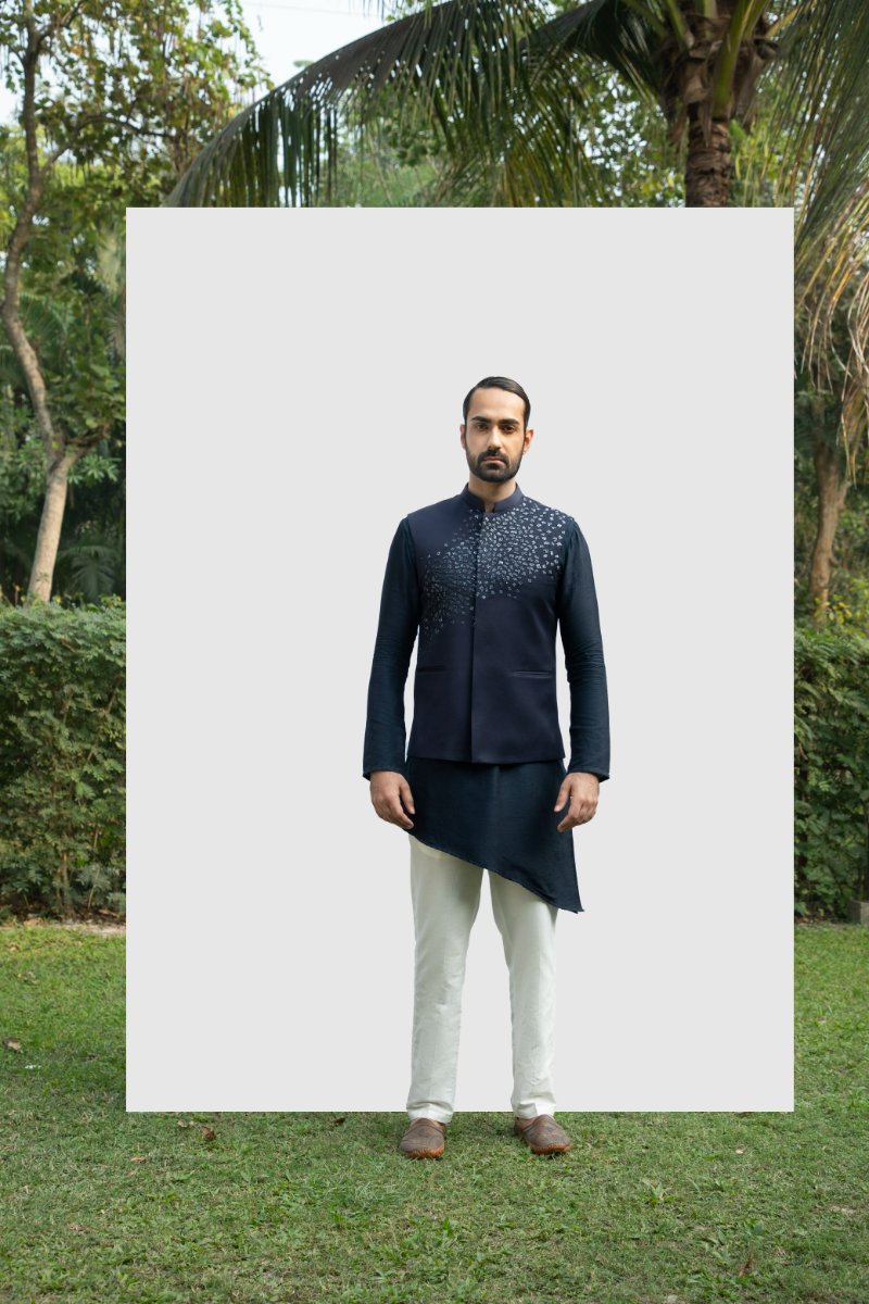 Navy Blue Asymmetrical Kurta Set With Embellished Bundi