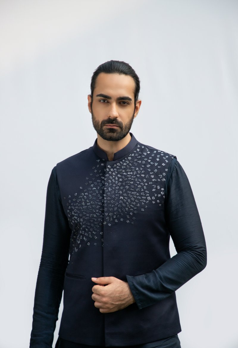 Navy Blue Asymmetrical Kurta Set With Embellished Bundi