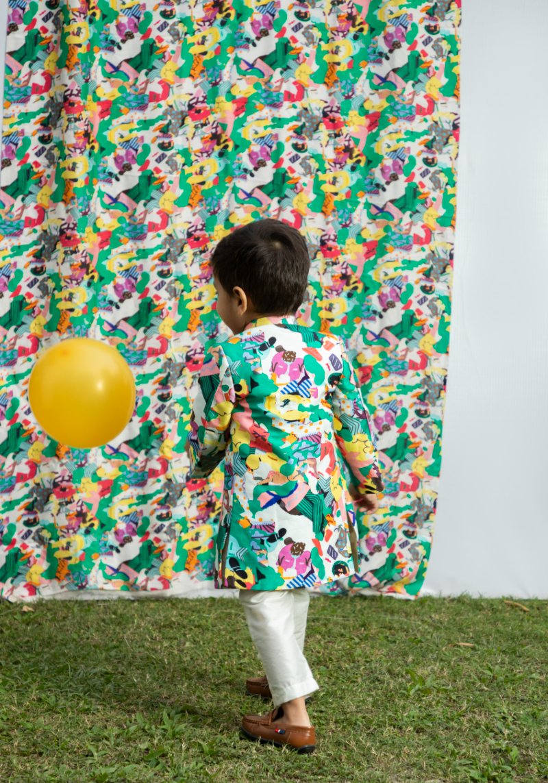 Kids Printed Open Jacket With Kurta Set