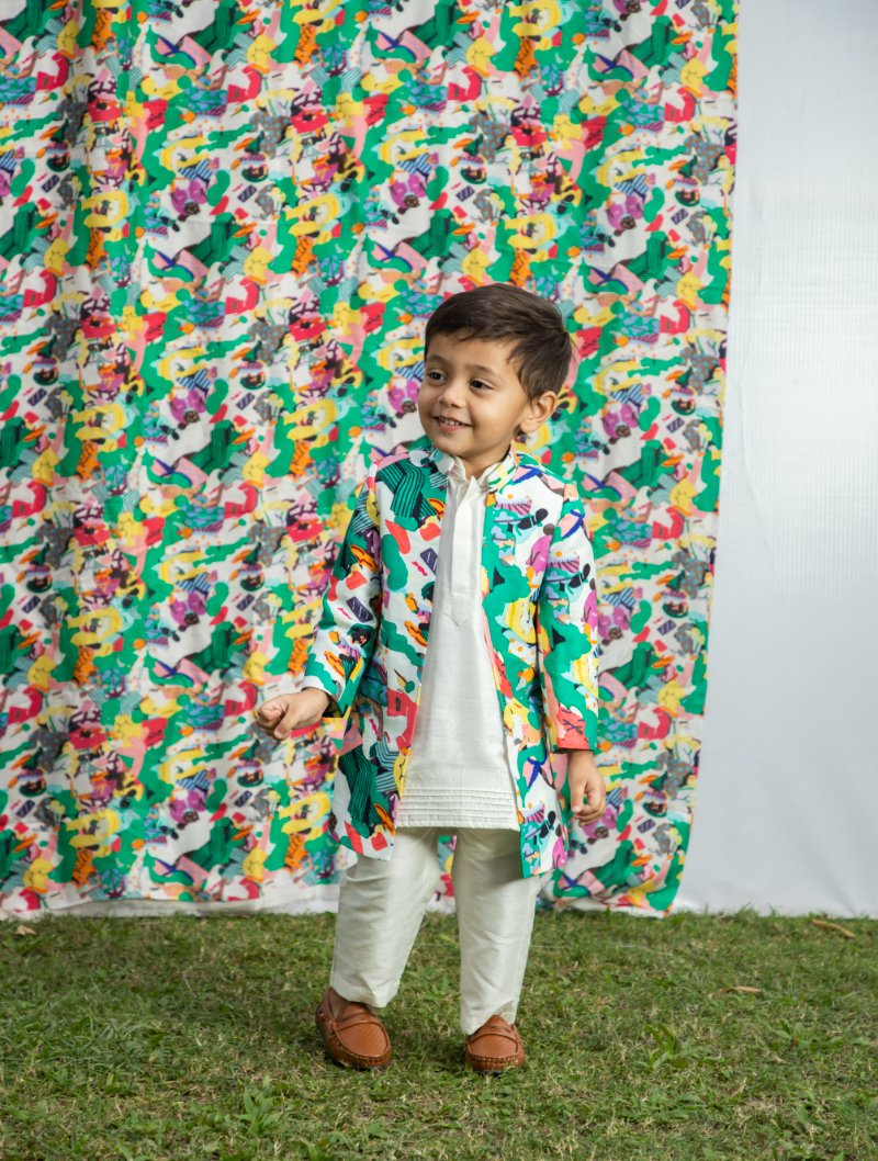 Kids Printed Open Jacket With Kurta Set