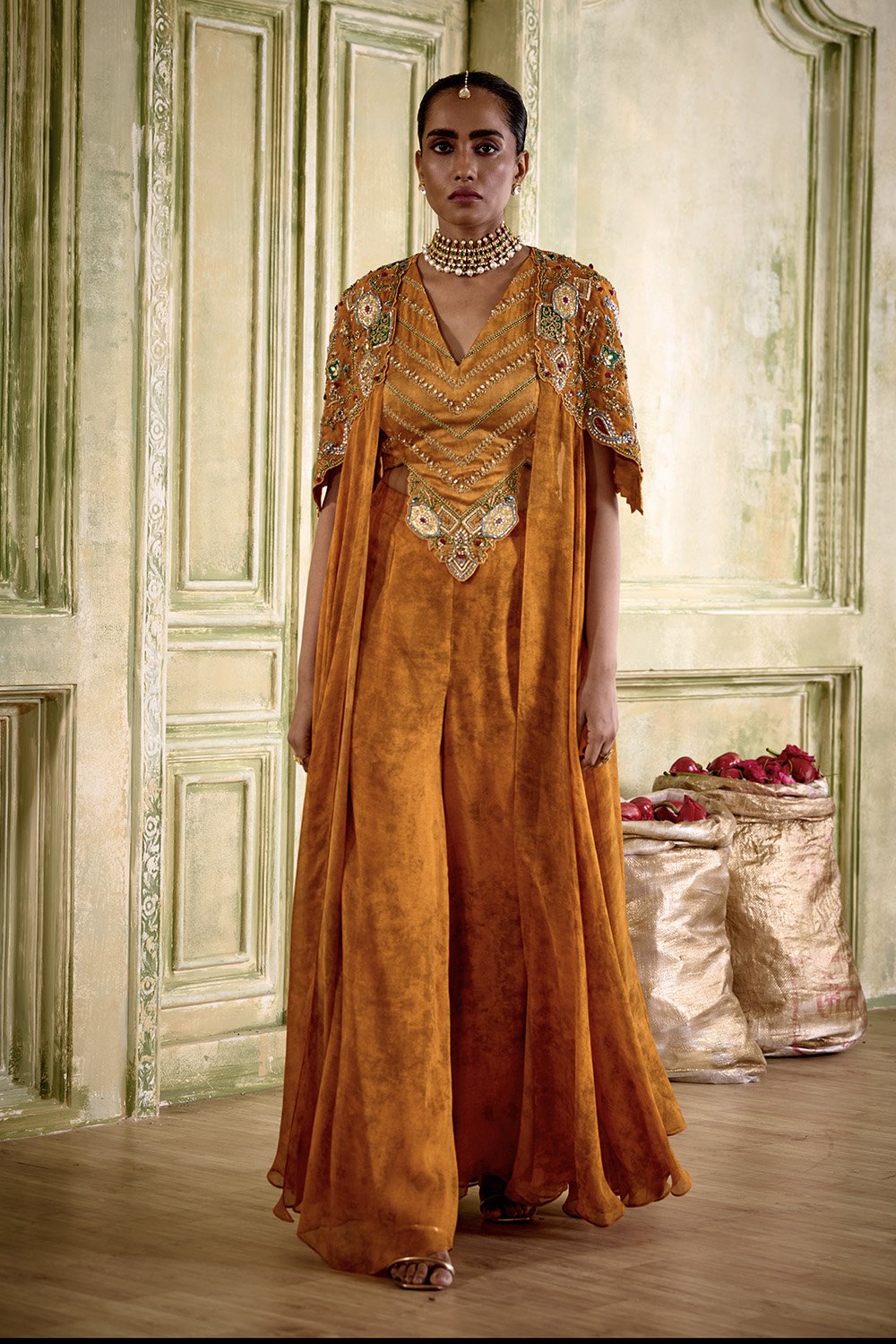 Vamika Embroidered Rust Orange Cape Sharara Set