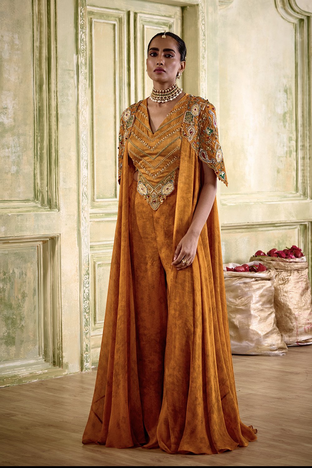 Vamika Embroidered Rust Orange Cape Sharara Set