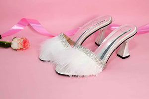 Women's Open Toe White Fur Heel