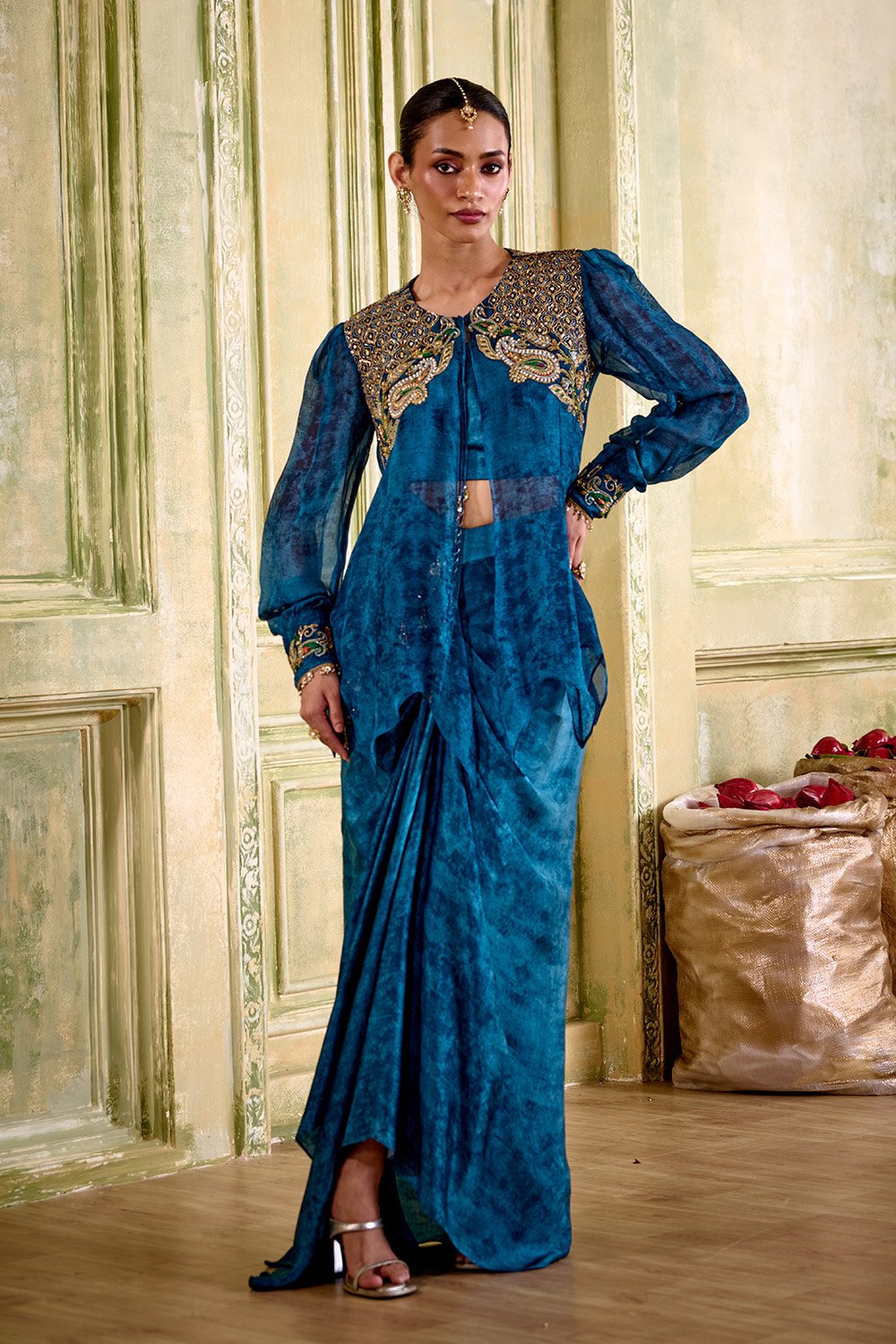 Zeenat Embroidered Blue Draped Skirt Set