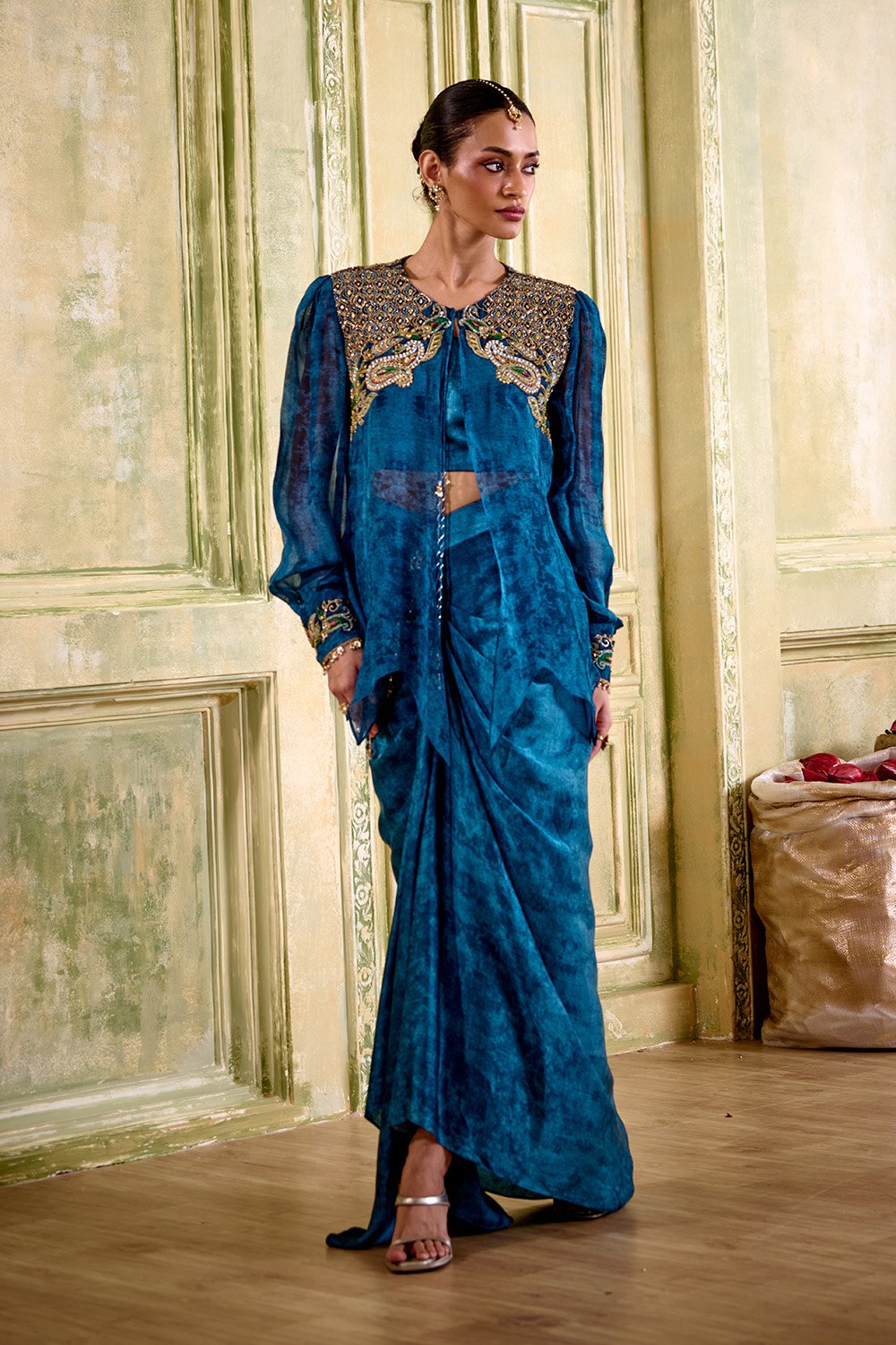Zeenat Embroidered Blue Draped Skirt Set