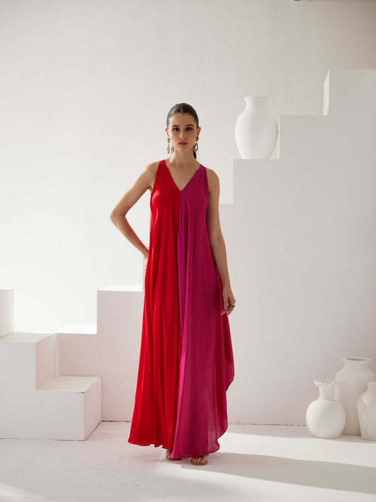 Red & Pink Colorblock Maxi Dress