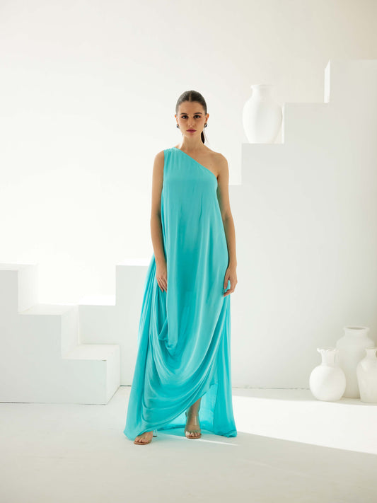 Turquoise Aysmmetrical Maxi Dress
