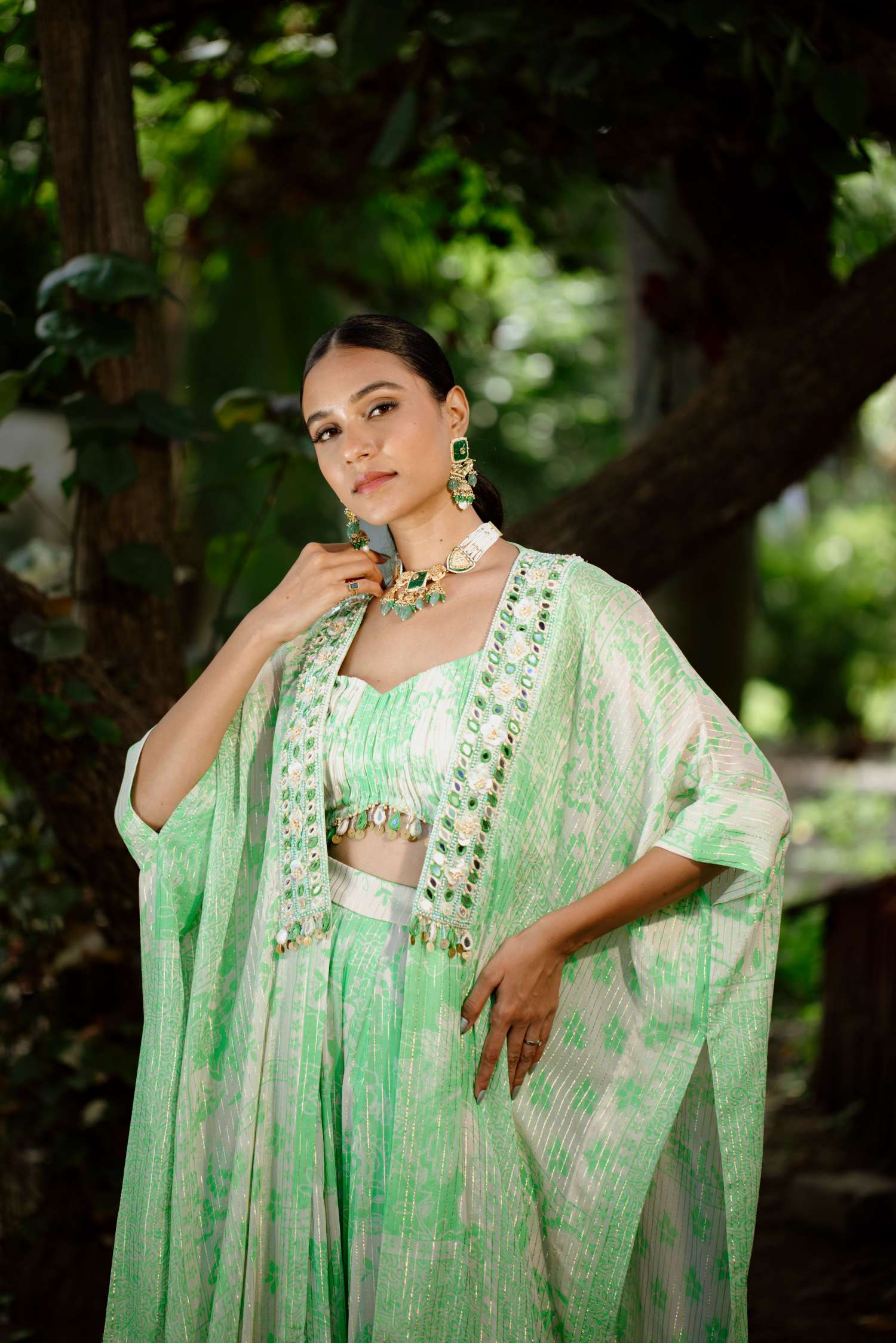 Green Printed Georgette Hand Embroidered Jacket Set