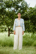 Load image into Gallery viewer, Denim Blue Printed Hand Embroidered Silk Jacket Set

