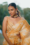 Load image into Gallery viewer, Amber Yellow Printed Georgette Hand Embroidered Ruffle Saree Set
