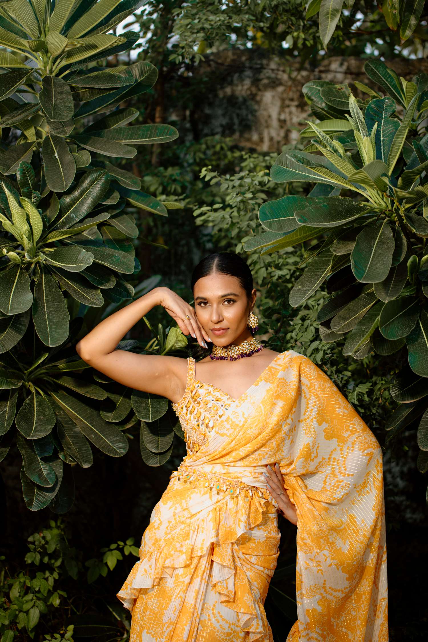 Amber Yellow Printed Saree Set- front view