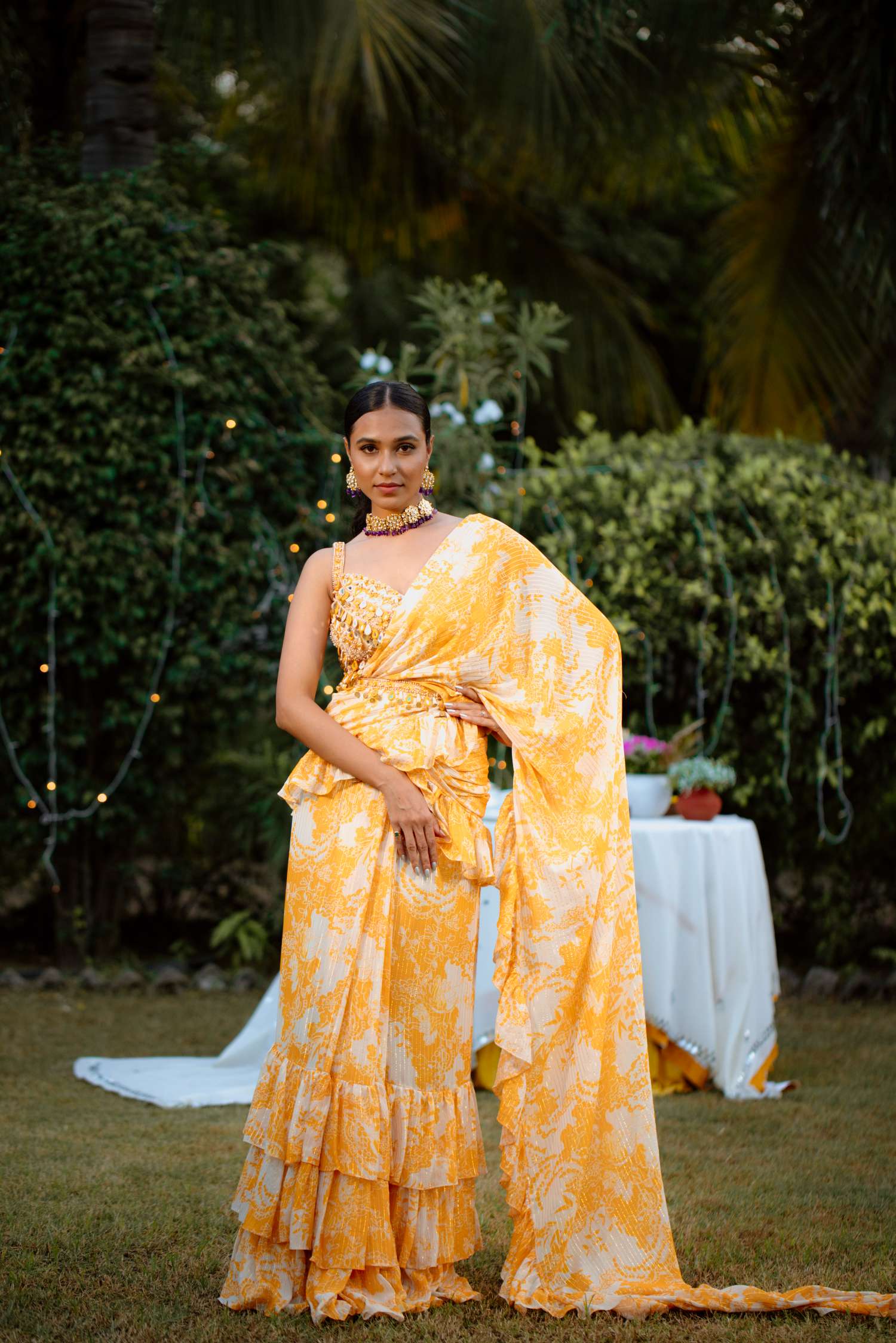 Amber Yellow Printed Georgette Hand Embroidered Ruffle Saree Set