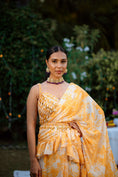 Load image into Gallery viewer, Amber Yellow Printed Georgette Hand Embroidered Ruffle Saree Set
