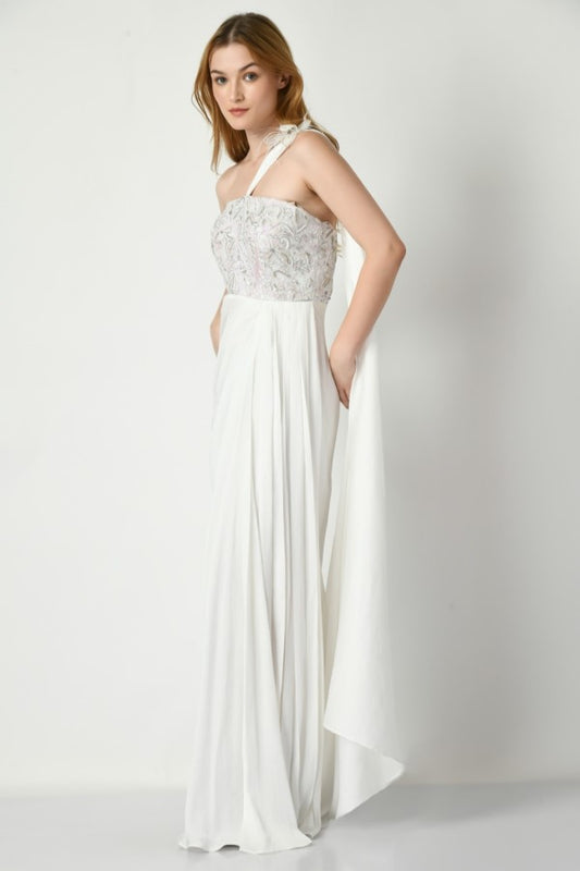White Gown with unicorn colored sequin embroidery on bodice