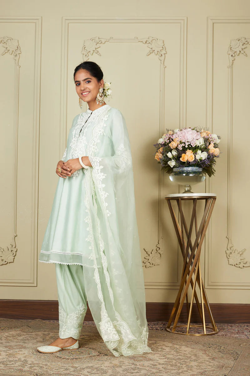 Ruzena Frosty Green A Line Short Kurta With Salwar And Dupatta