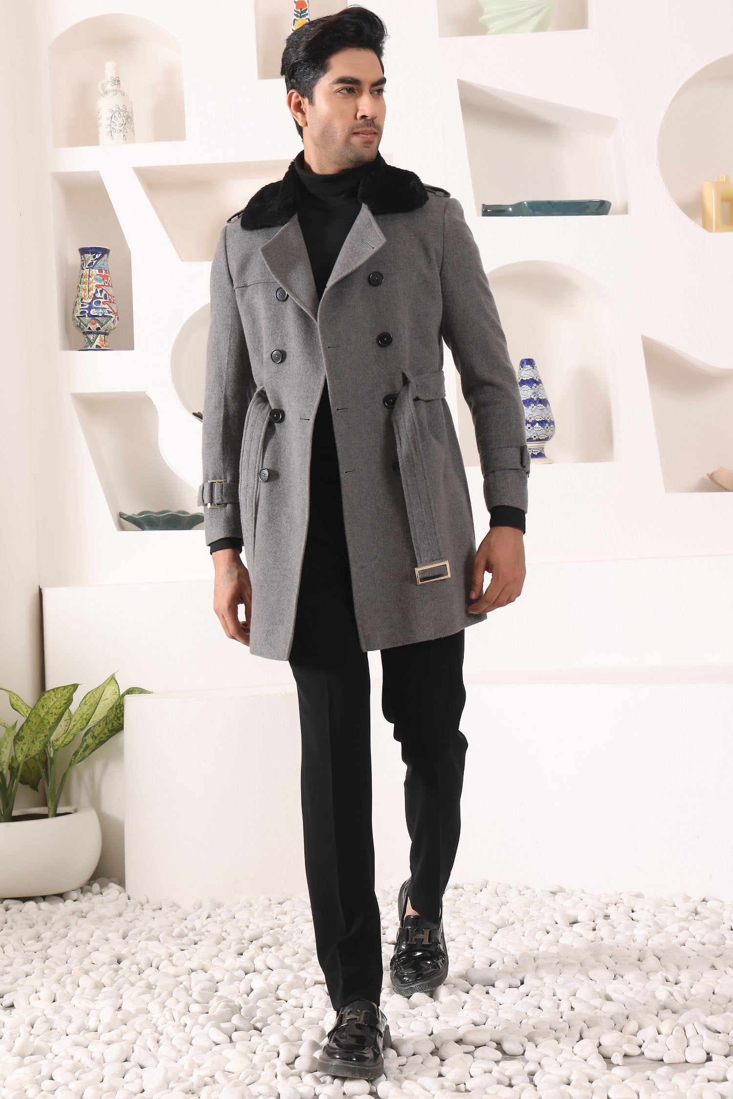 Grey Overcoat With Furr Collar