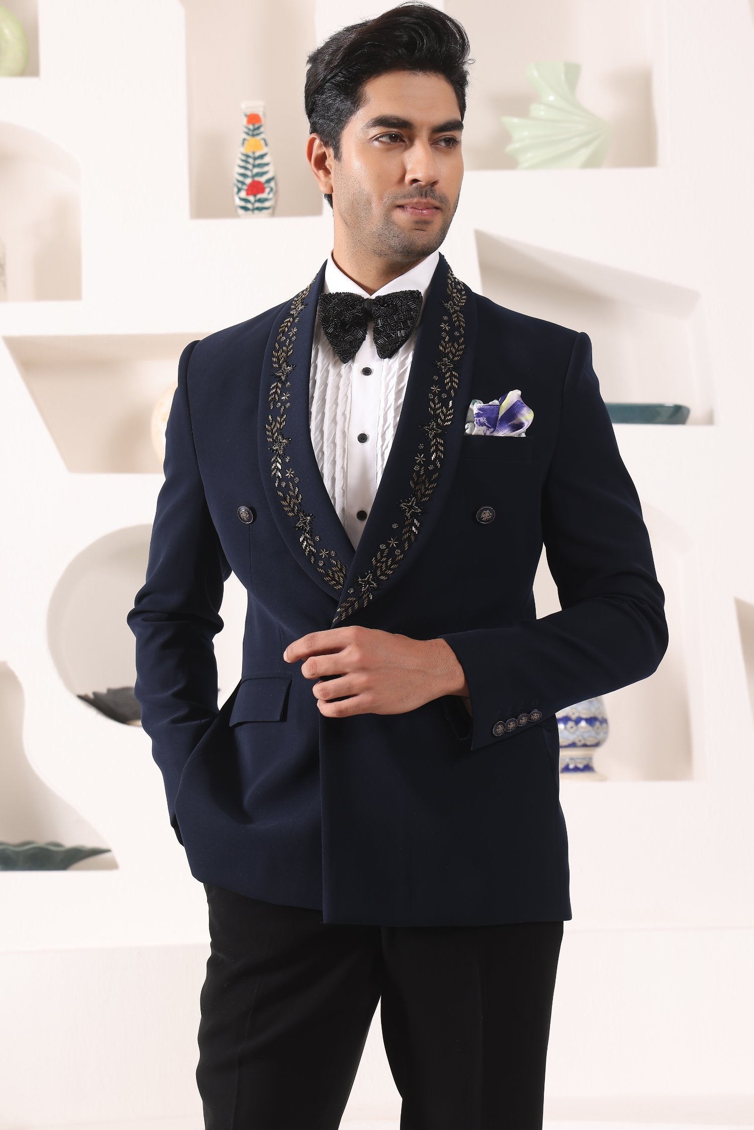 Blue Doublebreast Tuxedo With Embroidered Collar