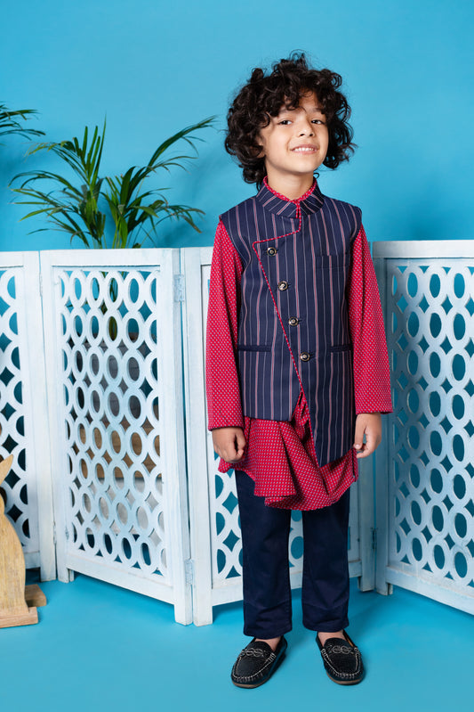 Striped Assymetrical Waistcoat With Cowl Kurta And Pants