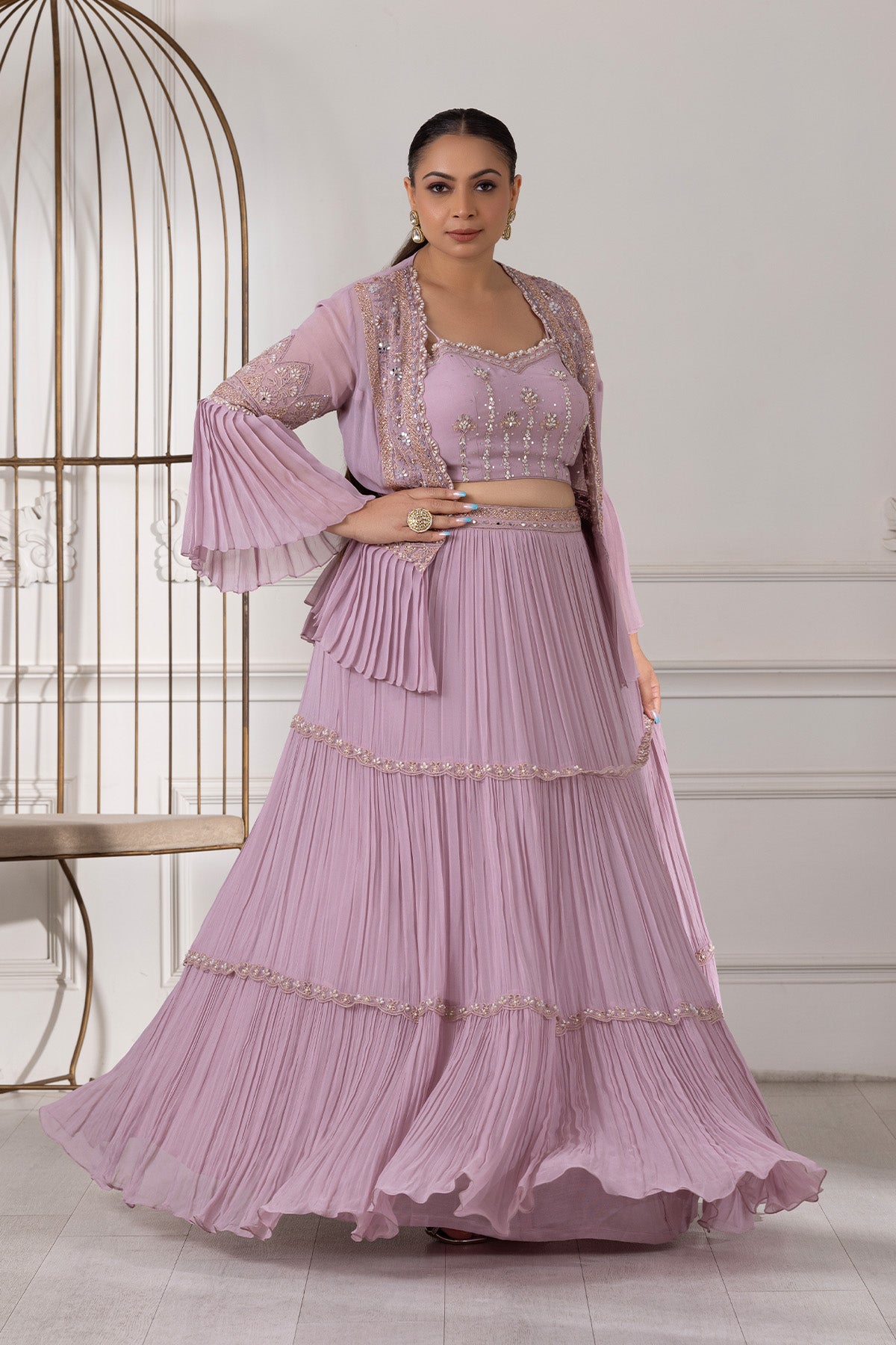 Lilac Embroidered Jacket Lehenga Set