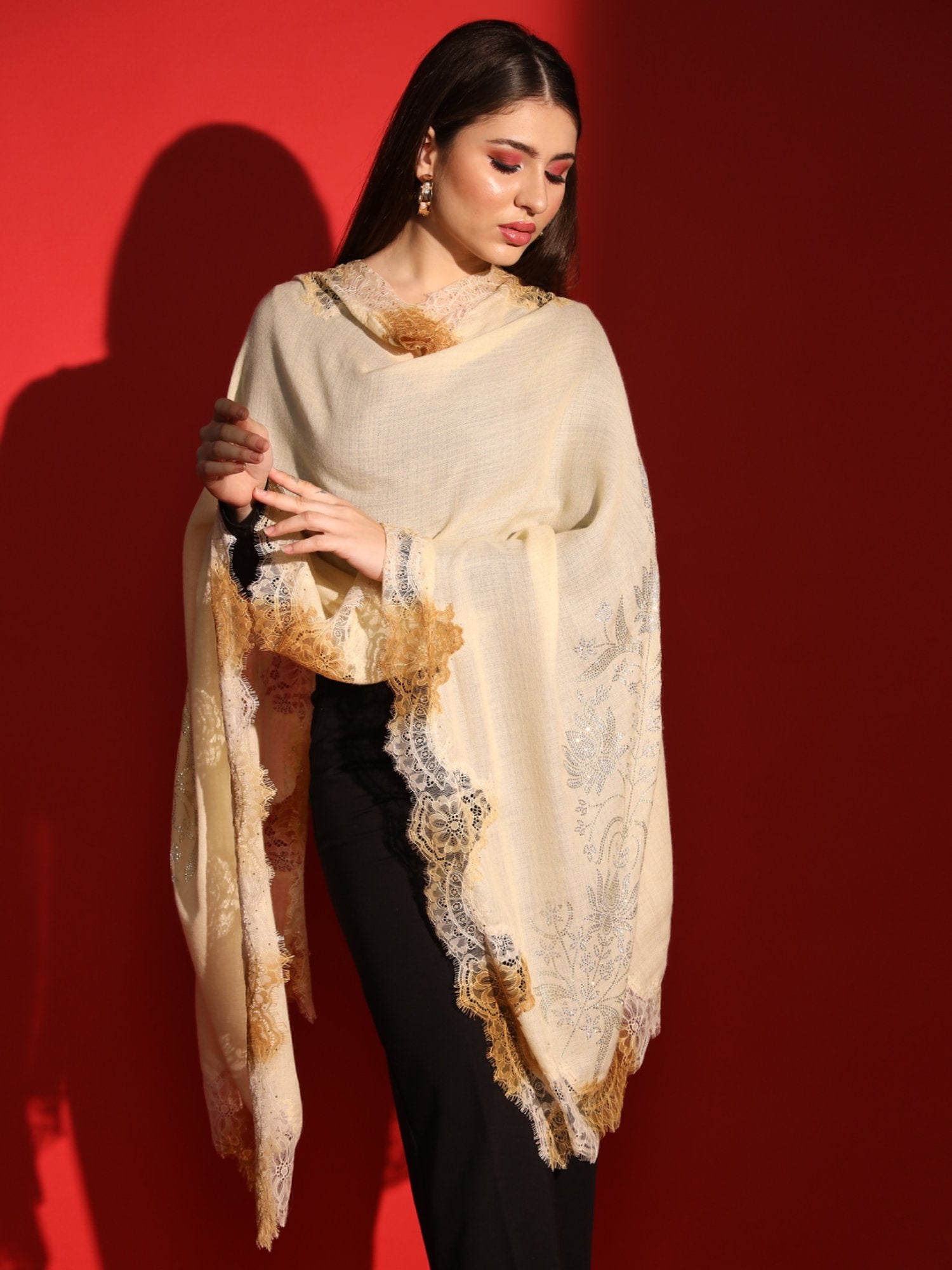 Beige Shawl With Lace And Swarovski-Ladies Kashmiri Shawl