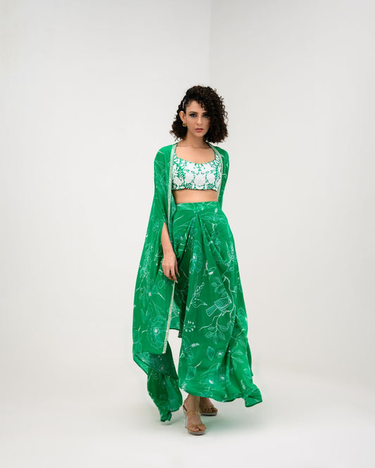 green flora dhoti skirt set