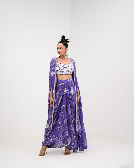 purple flora dhoti skirt set