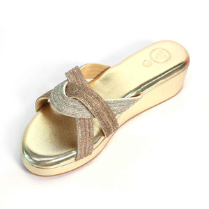 Women Gold Open Toe Faux leather Trio Wedge