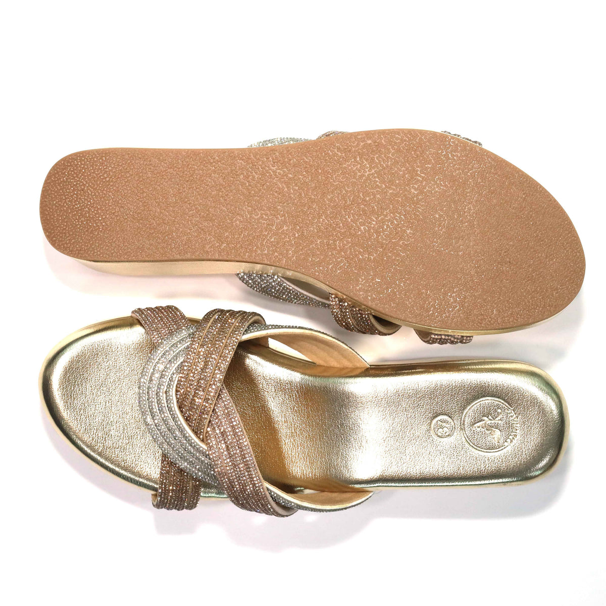 Women Gold Open Toe Faux leather Trio Wedge