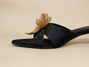 Gold Flower Black Kitten Heel