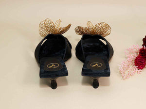 Gold Flower Black Kitten Heel