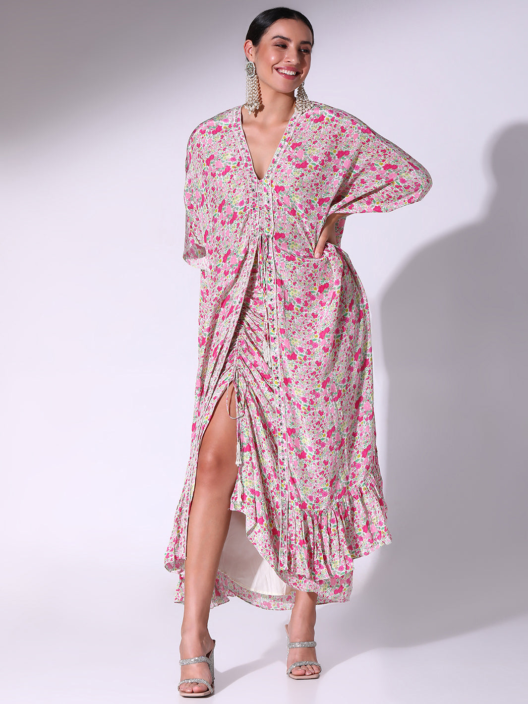 Pink Micro Floral Printed Long Kaftan With Drawstring Skirt