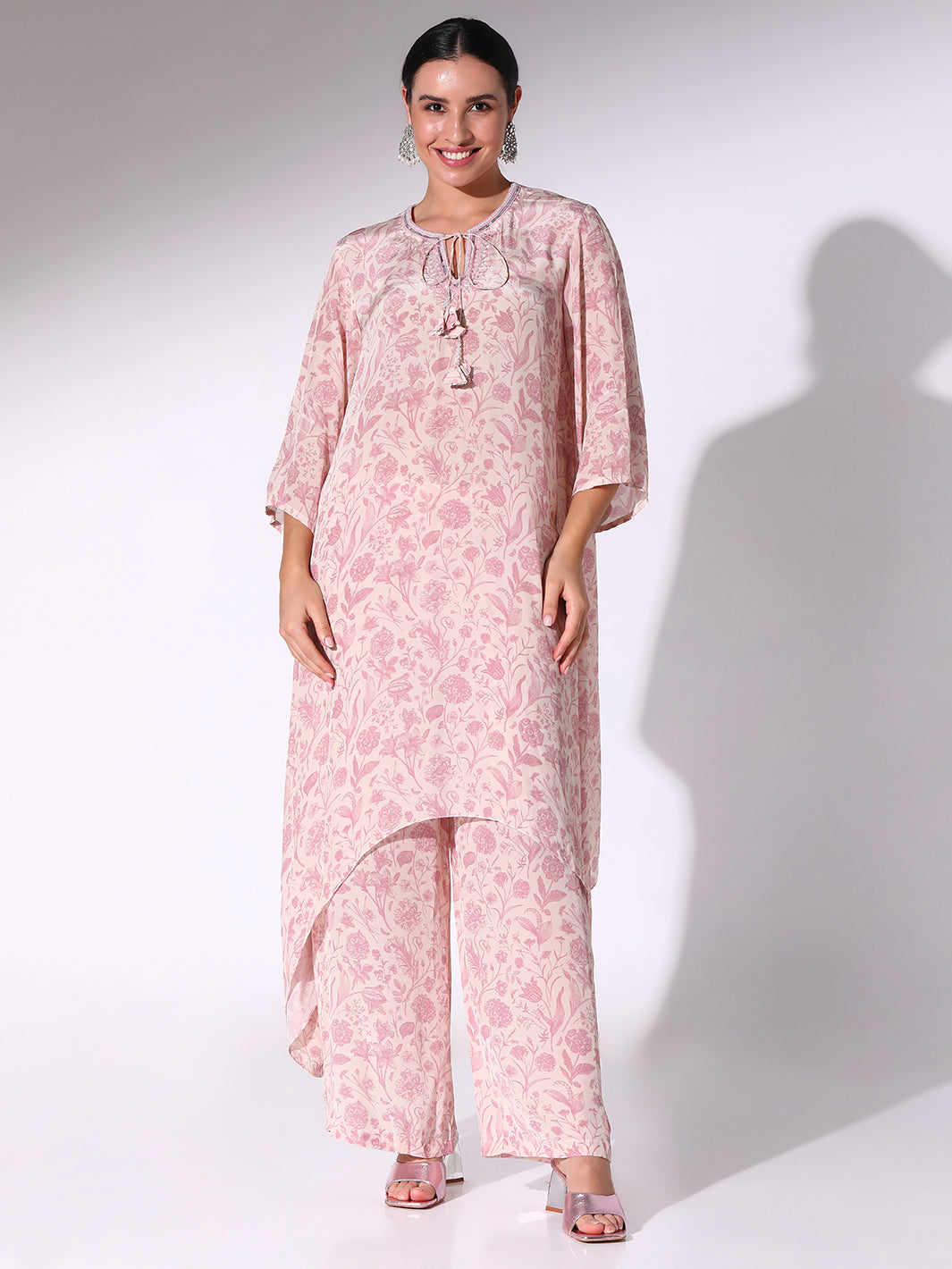 Blush Pink Floral Tunic With Neck Tie-Up And Pants