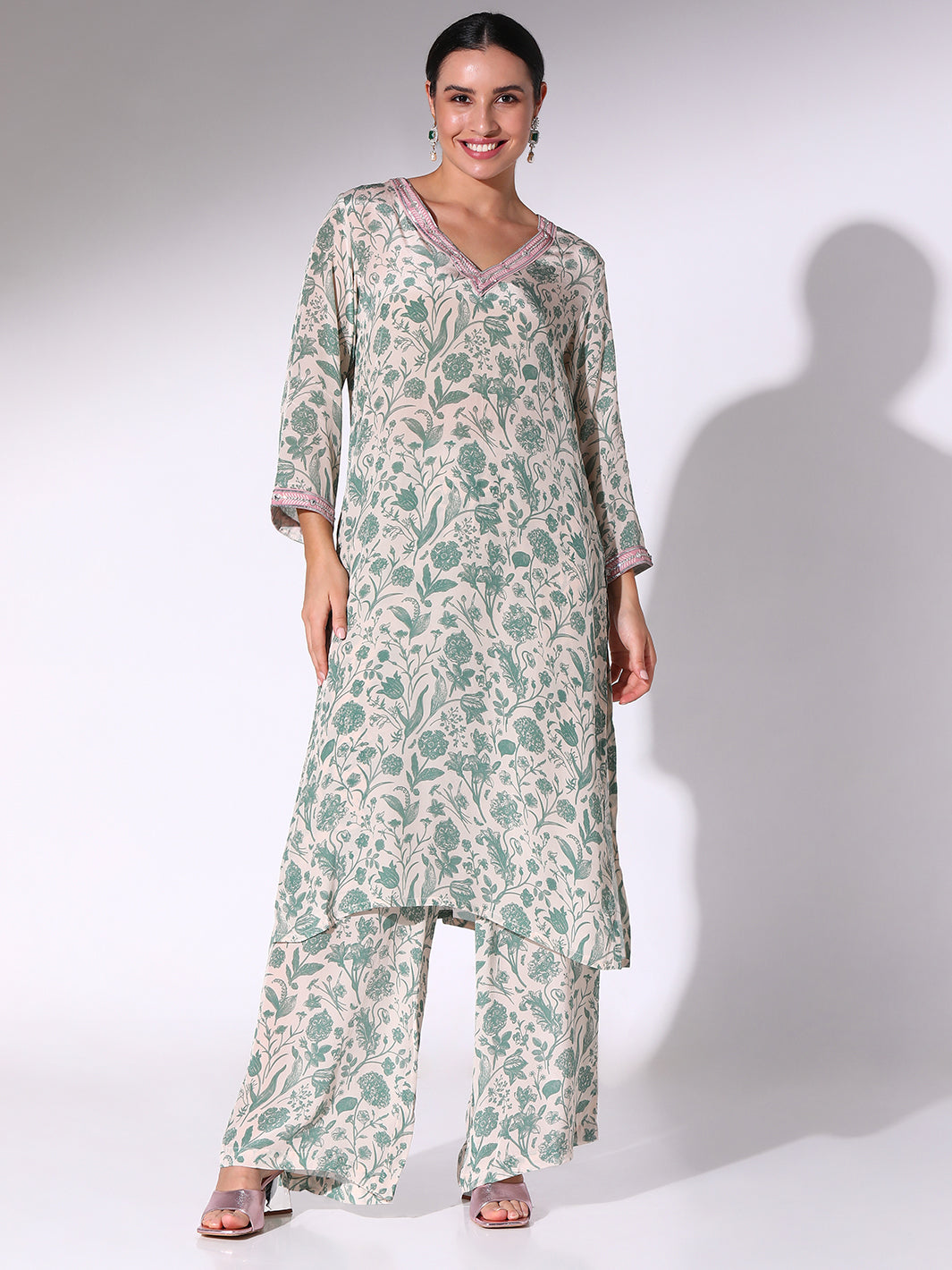 Pine Green Floral Tunic With Straight Pants