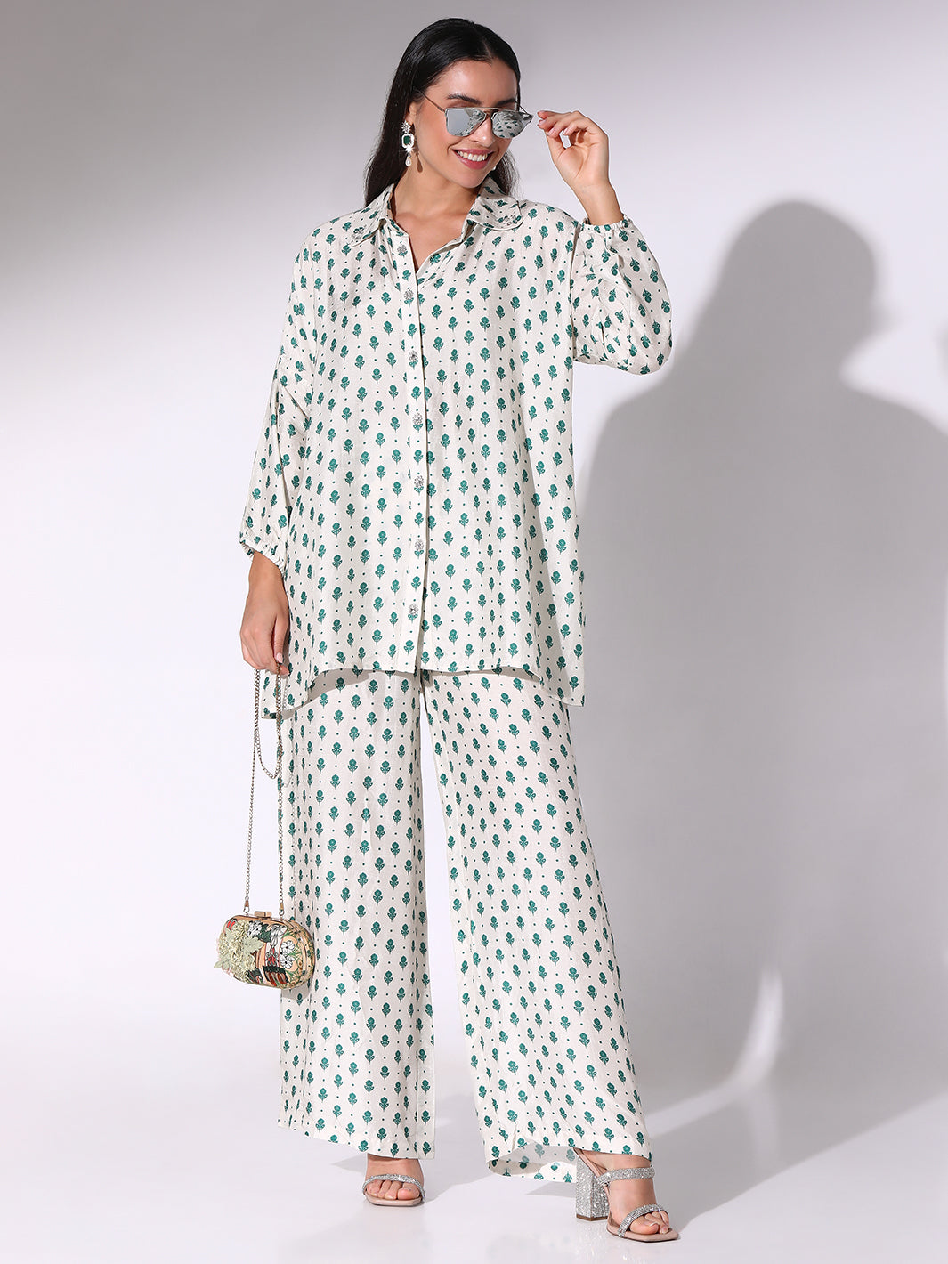 Pine Green Dotted Motif Shirt Style Tunic And Pants Co-Ord Set
