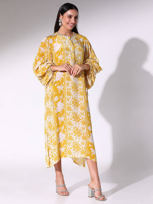 Mustard Floral Printed Tunic Dress