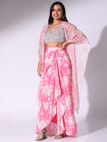 Load image into Gallery viewer, Pink Floral Printed Blouse, Skirt & Cape Set
