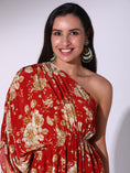 Load image into Gallery viewer, Red One Shoukder Gathered Tunic Paired With Sharara Pants
