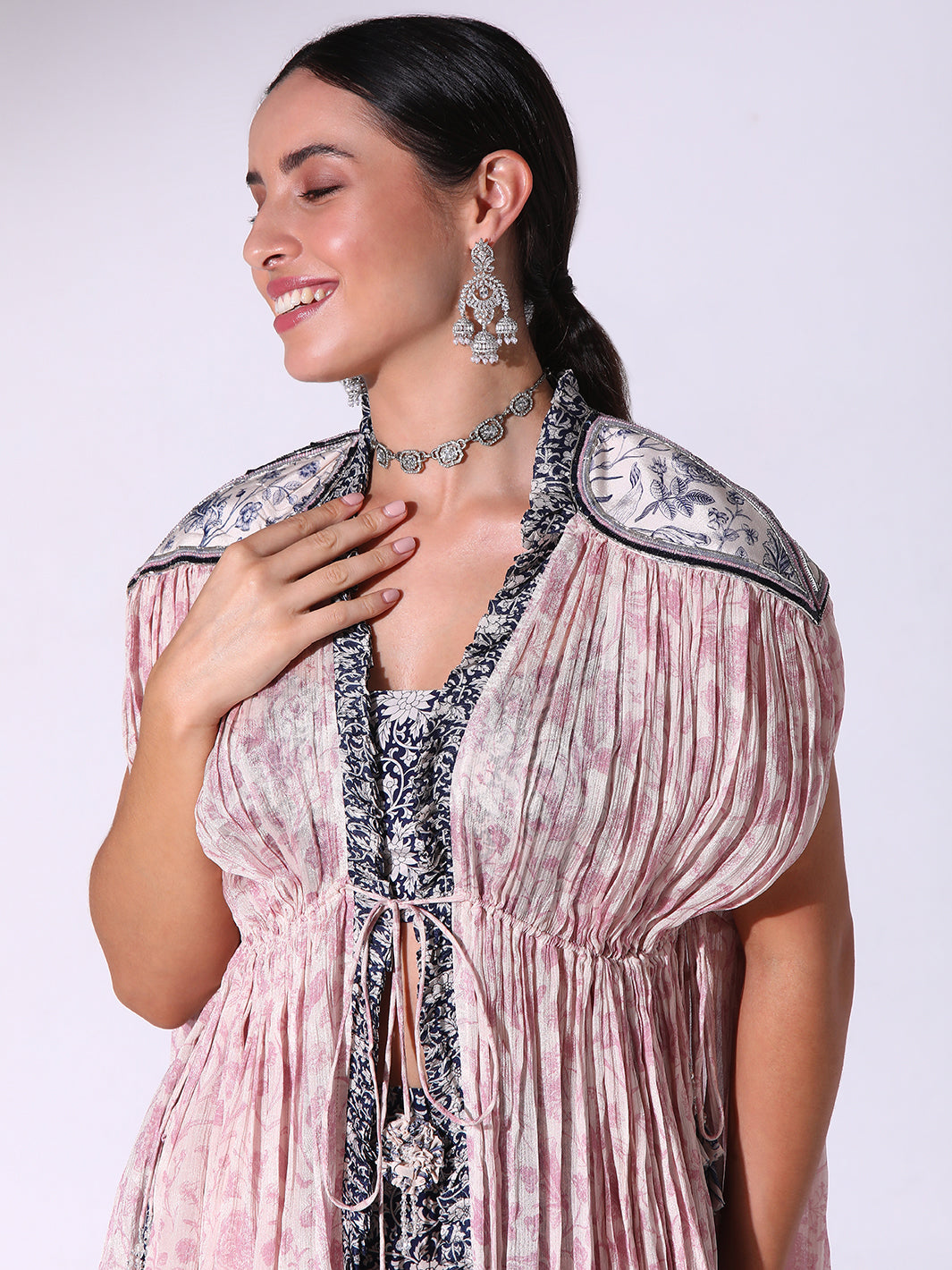 Blush Pink & Navy Blue Gathered Kaftan Paired With Narrow Pants And Bustier