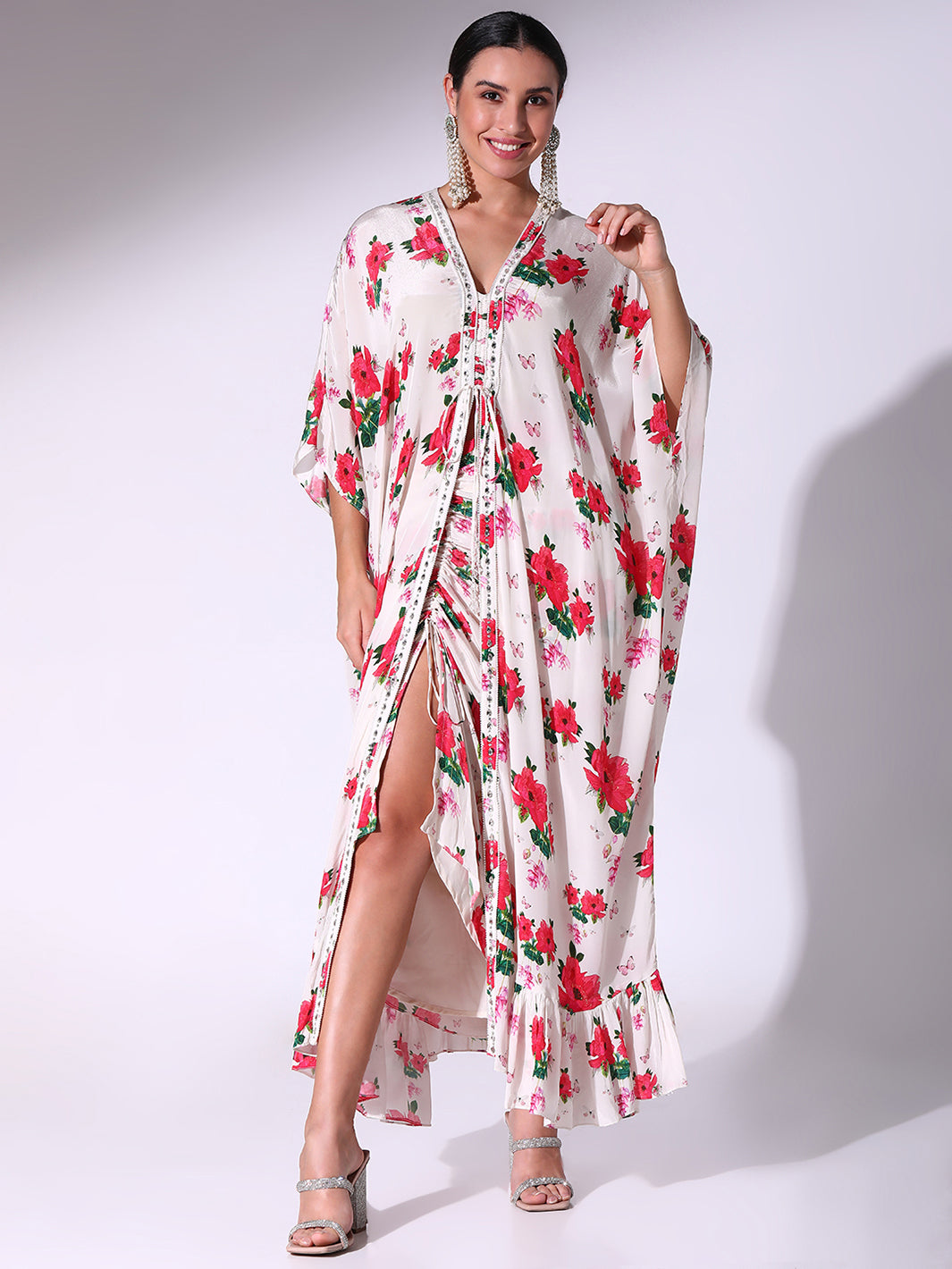 Poppy Floral Printed Long Kaftan With Drawstring Skirt