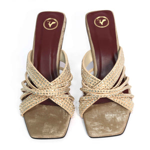 Women Open Toe Slip on closure Beige Dune Block Heel