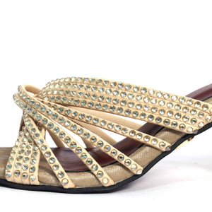 Women Open Toe Slip on closure Beige Dune Block Heel